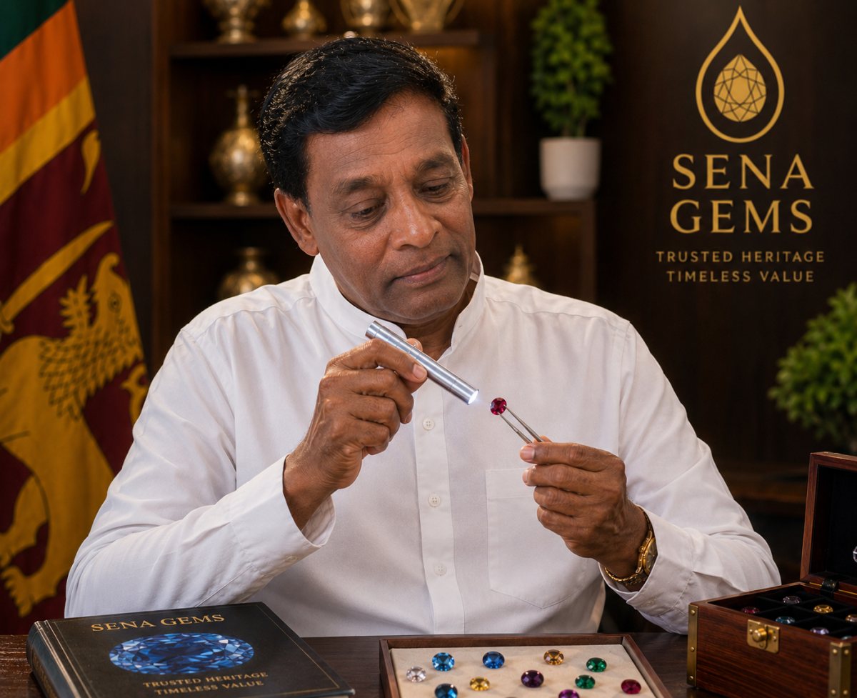 Sena Manik examining a ruby with a loupe light at the Sena Gems desk